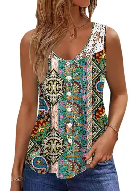 Womens Tank Tops Dressy Casual Summer Lace Sleeveless V Neck Tee Shirts Pleated Front Button Blouses