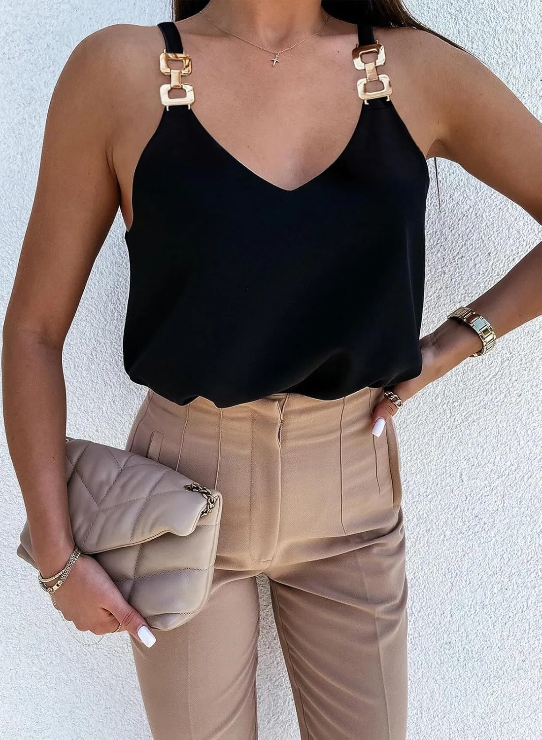 Womens Tops Chain Straps V Neck Chiffon Cami Shirts Fashion Tank Tops Sleeveless Blouses Tops