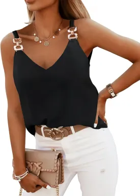 Womens Tops Chain Straps V Neck Chiffon Cami Shirts Fashion Tank Tops Sleeveless Blouses Tops