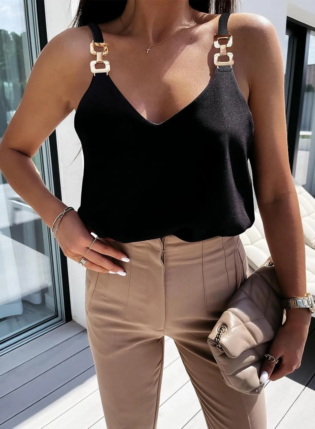 Womens Tops Chain Straps V Neck Chiffon Cami Shirts Fashion Tank Tops Sleeveless Blouses Tops