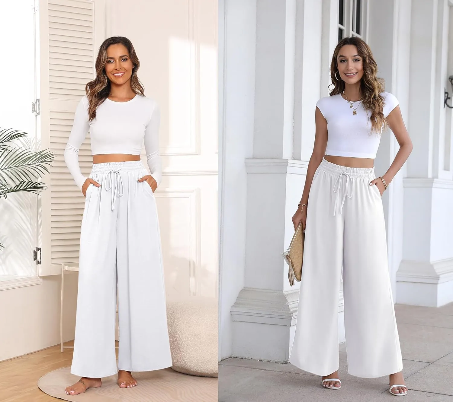 Women's Wide Leg Linen Pants High Waisted Flowy Palazzo Pants Lounge Loose Casual Work Pants Trousers Pockets