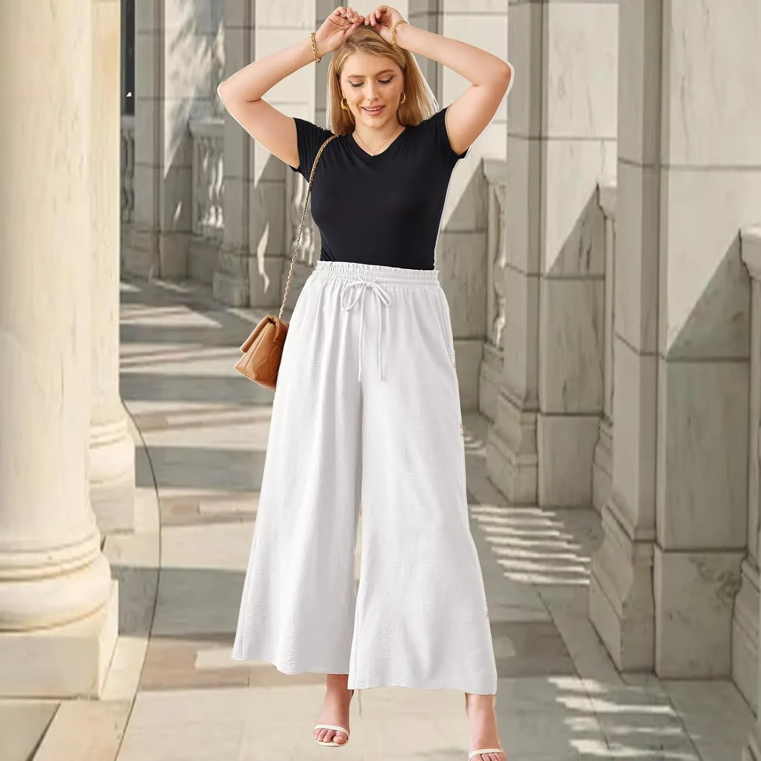 Women's Wide Leg Linen Pants High Waisted Flowy Palazzo Pants Lounge Loose Casual Work Pants Trousers Pockets