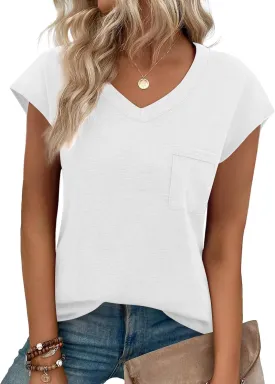 Zeagoo Womens 3 Pack Cap Sleeve T Shirts V Neck Basic Tees Tops with Pocket Fashion Trendy Casual Summer Outfits Clothes 2025
