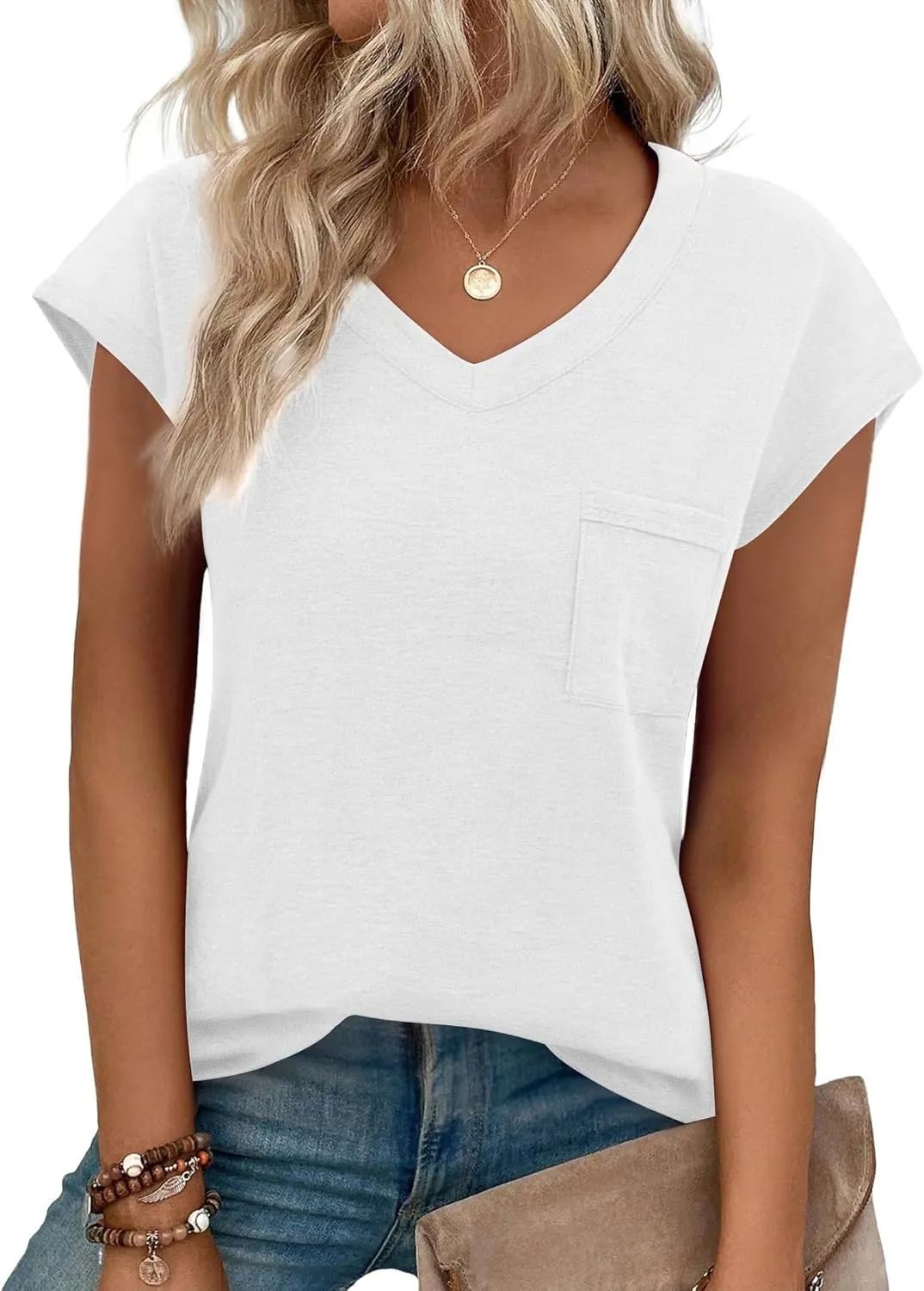 Zeagoo Womens 3 Pack Cap Sleeve T Shirts V Neck Basic Tees Tops with Pocket Fashion Trendy Casual Summer Outfits Clothes 2025