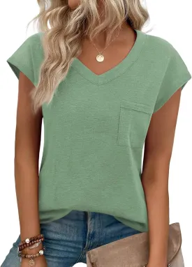 Zeagoo Womens 3 Pack Cap Sleeve T Shirts V Neck Basic Tees Tops with Pocket Fashion Trendy Casual Summer Outfits Clothes 2025
