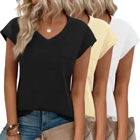 Zeagoo Womens 3 Pack Cap Sleeve T Shirts V Neck Basic Tees Tops with Pocket Fashion Trendy Casual Summer Outfits Clothes 2025