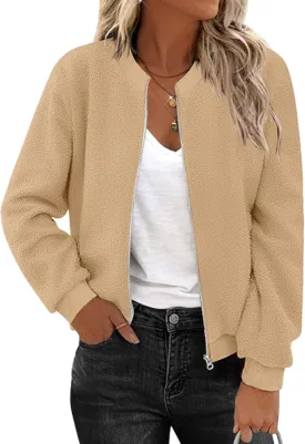 Zeagoo Women's Sherpa Fleece Jacket Long Sleeve Faux Fuzzy Casual Zip Up Bomber Coat With Pocket S-XXL