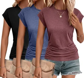Zeagoo Womens Summer Tops Ruched Cap Short Sleeve Tshirts Shirts Crew Neck T Shirts Trendy 2025 Fashion S-XXXL